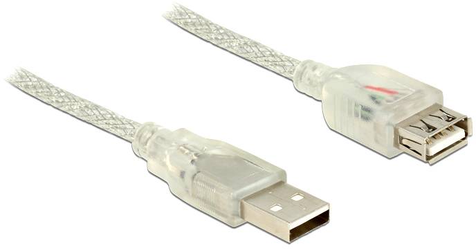 Transparante USB-verlengkabel met een USB-A-stekker en een USB-A-aansluiting. Geschikt voor het verlengen van USB-poorten.