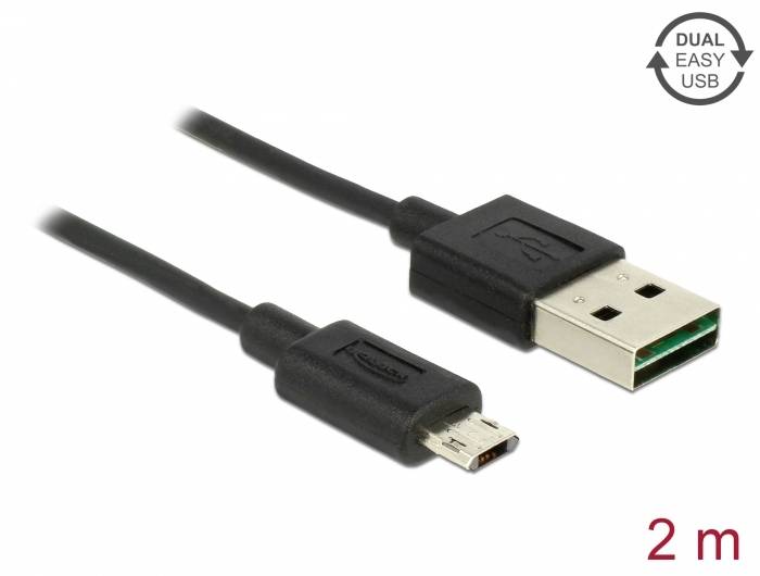 USB-kabel met USB-A en Micro-USB-connectoren, 2 m lang. Geschikt voor gegevensoverdracht en opladen. Gemarkeerd met 'Dual Easy USB'.