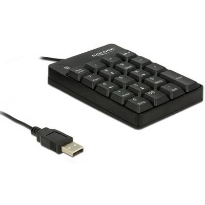 Zwarte USB-numeriek toetsenblok met 18 toetsen, inclusief cijfers, Enter en functietoetsen, verbonden met een USB-kabel.