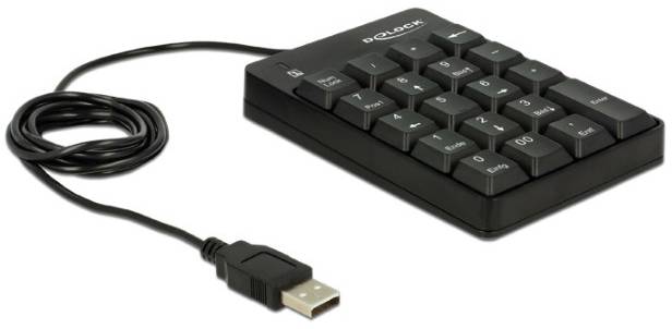 Een zwarte USB-numeriek toetsenblok met kabel, die naast een computer kan worden gebruikt om numerieke invoer efficiënter te maken.