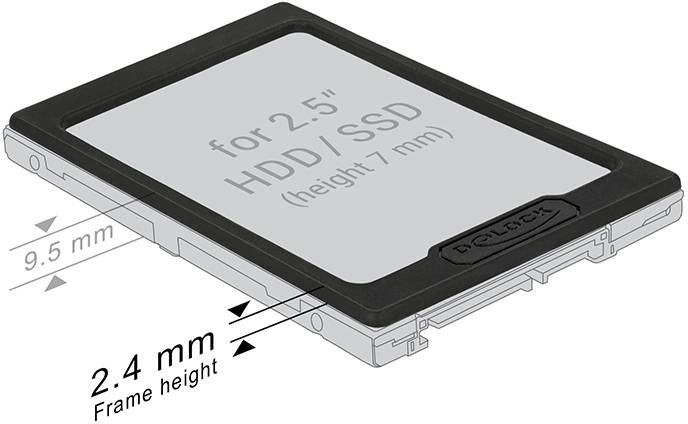 Een adapterframe voor een 2,5-inch HDD of SSD, geschikt voor 7 mm bouwhoogte, met gemarkeerde afmetingen: 9,5 mm breedte, 2,4 mm framehoogte.
