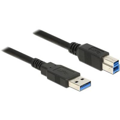 Zwart USB 3.0-kabel met twee aansluitingen: links Type-A en rechts Type-B, beide met blauwe binnenkanten. Geschikt voor gegevensoverdracht.