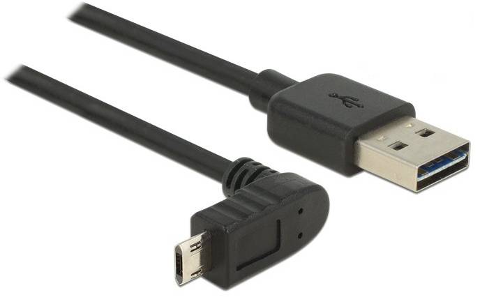'Zwart USB-kabel met USB-A-stekker en haaks micro-USB-stekker. Geschikt voor gegevensoverdracht en het opladen van apparaten.'