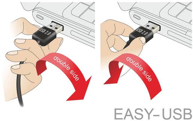 Een hand steekt een USB-stekker in een aansluiting. Opschrift 'double side'. USB-stekker die tweezijdig kan worden ingevoerd.