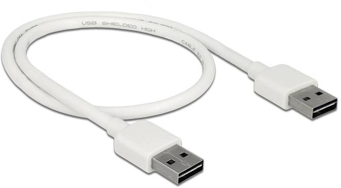Een wit USB-kabel met twee USB-A-connectoren, geschikt voor gegevensoverdracht of het opladen van apparaten.