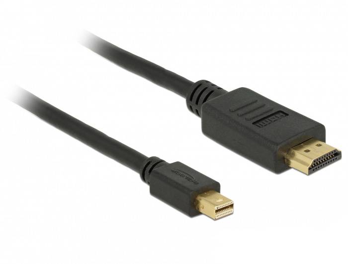Een zwarte kabel met twee aansluitingen: Mini DisplayPort links en HDMI rechts. Gebruikt voor video- en audioverbindingen tussen apparaten.