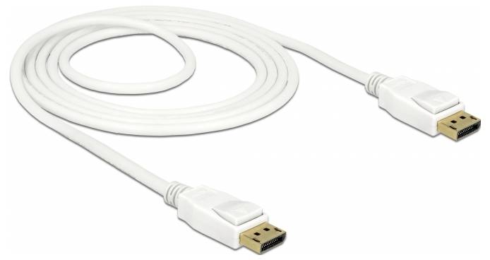 Wit DisplayPort-kabel met twee aansluitingen, geschikt voor videoweergave en signaaldoorgifte tussen apparaten.