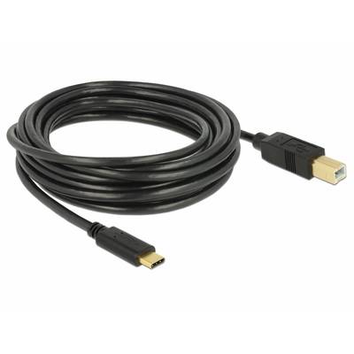 Een lang, zwart USB-kabel. Het ene uiteinde heeft een USB-C-stekker, het andere een USB-B-stekker. Geschikt voor gegevensoverdracht.