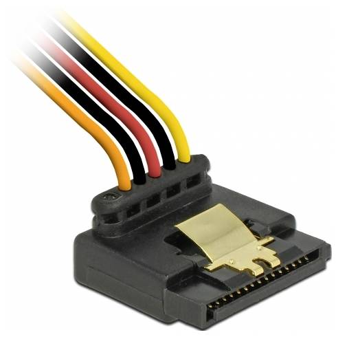 Een SATA-stroomkabel met een zwarte connector en meerkleurige draden. Het verbindt de stroomvoorziening met computercomponenten.