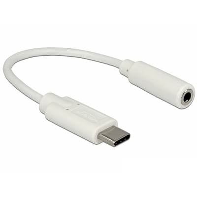 Een witte USB-C naar Jack-adapter die analoge koptelefoons aansluit op apparaten zonder koptelefoonaansluiting.