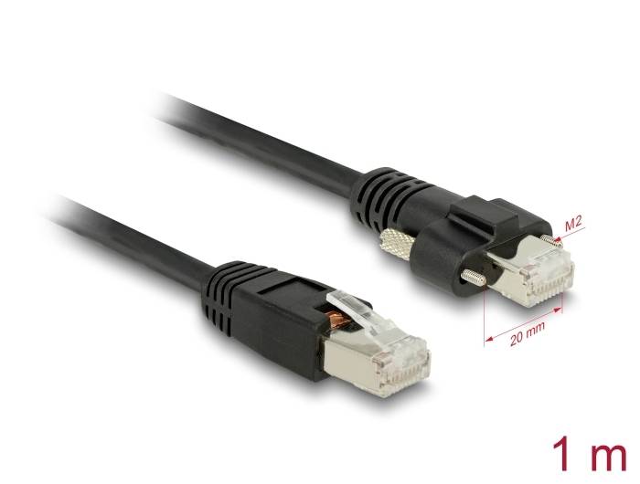 'Zwart Ethernet-kabel, lengte: 1 m, met RJ45-connectoren, afstand tussen metalen uiteinden: 20 mm. Twee M2-schroeven voor bevestiging.'