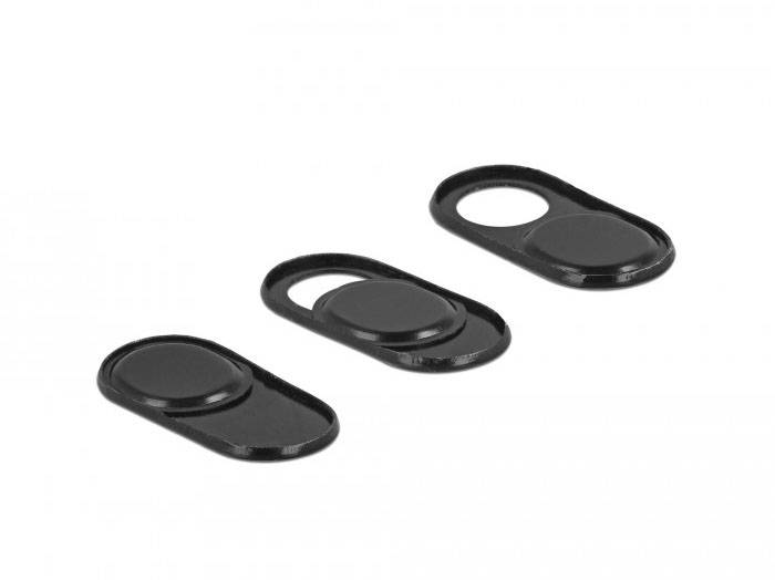 Drie zwarte webcam-covers op een rij. Elk cover heeft een schuifmechanisme om de camera vrij te geven of af te dekken.