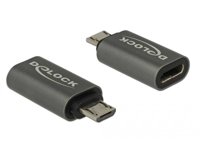 Twee zwarte adapters met de opdruk 'DELOCK', een met een USB-C-aansluiting en de andere met een Micro-USB-aansluiting, op een witte achtergrond.