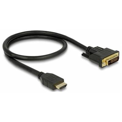 Een HDMI-naar-DVI-kabel met zwarte mantel, die wordt gebruikt om apparaten met verschillende aansluitingen met elkaar te verbinden.