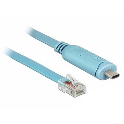 USB-C-naar-Ethernet-kabel, blauw, toont linker Ethernet-connector en rechter USB-C-connector.