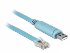 Een plat, blauw kabel met een USB-stekker aan de ene kant en een RJ45-stekker aan de andere kant, geschikt voor netwerktoepassingen.