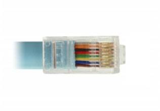 Heldere close-up van een RJ-45-connector met zichtbare gekleurde kabels die worden gebruikt voor netwerkkabelverbindingen.
