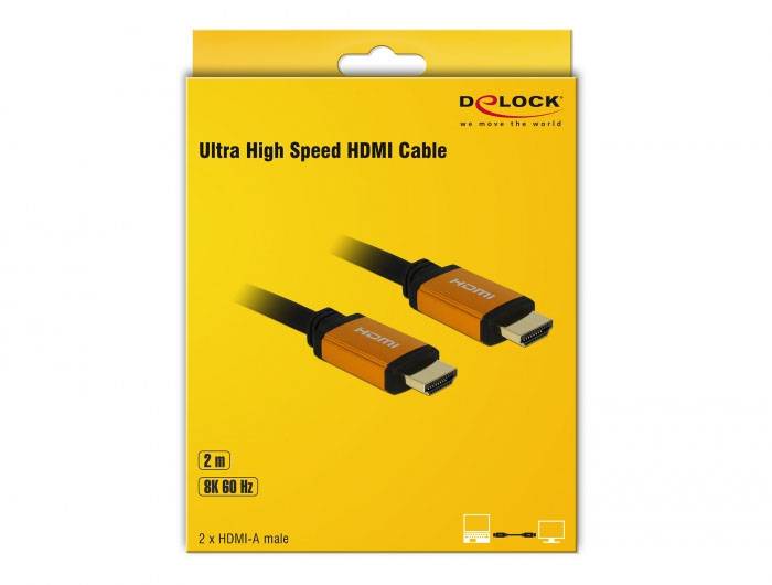 Verpakking van een 2 meter lange Ultra High Speed HDMI-kabel, 8K 60 Hz, met gouden connectoren, van het merk Delock.