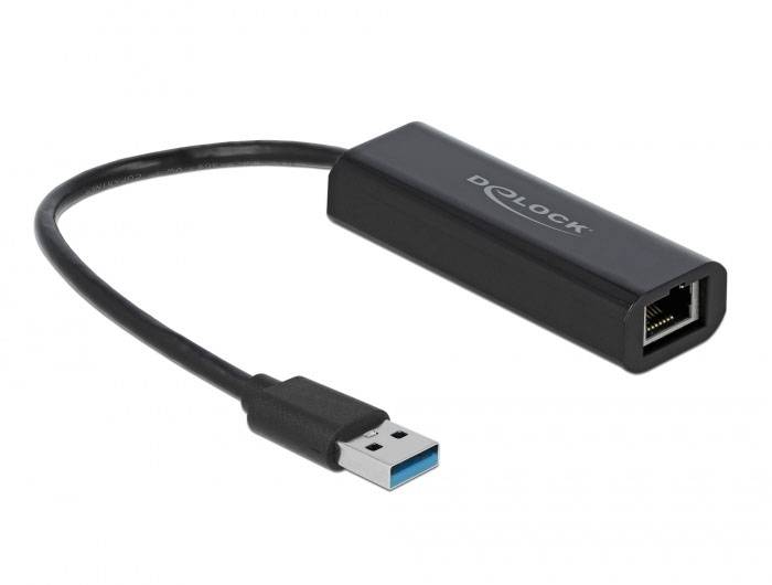 Een zwarte USB-naar-Ethernet-adapter met een USB-stekker en een Ethernet-poort aan de andere kant.