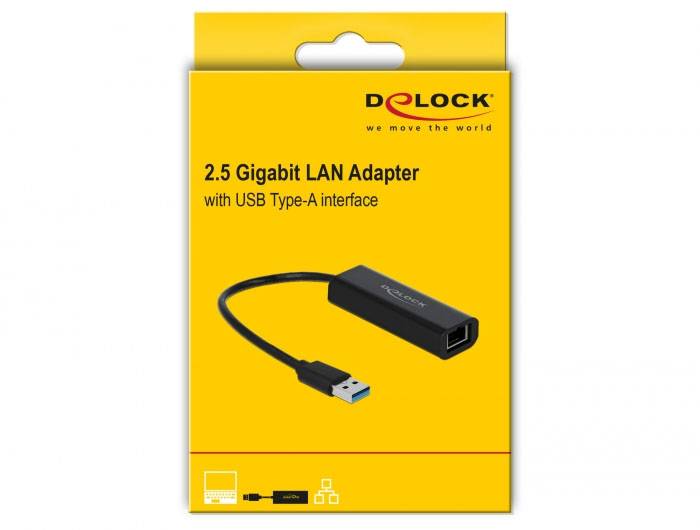 Verpakking van een 2,5-Gigabit LAN-adapter met USB Type-A-aansluiting van Delock. Bevat kabel- en apparaatafbeelding op een gele achtergrond.
