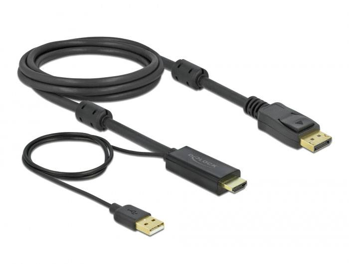 DisplayPort-naar-HDMI-adapterkabel en USB-kabel. Het DisplayPort-kabel heeft een extra USB-stekker voor stroomvoorziening. Ideaal voor monitoren.