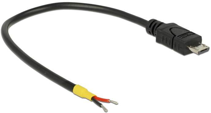 Een afgesneden USB-kabel met een micro-USB-stekker aan de ene kant en blootliggende rode en zwarte draden aan de andere kant.