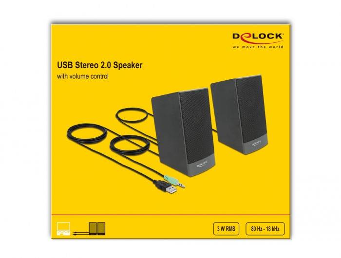 'USB Stereo 2.0 speakers met volumeregelaar. 3 W RMS, frequentiebereik 80 Hz - 18 kHz. Inclusief USB- en audiokabel.'