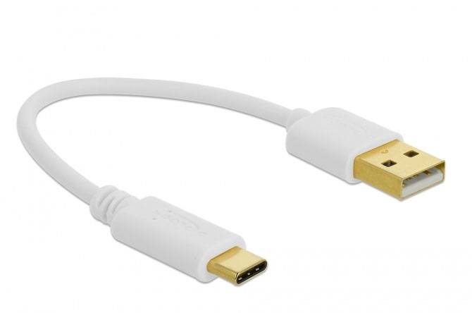 Een wit USB-kabel met een USB-Type-C-connector aan de ene kant en een USB-Type-A-connector aan de andere kant.