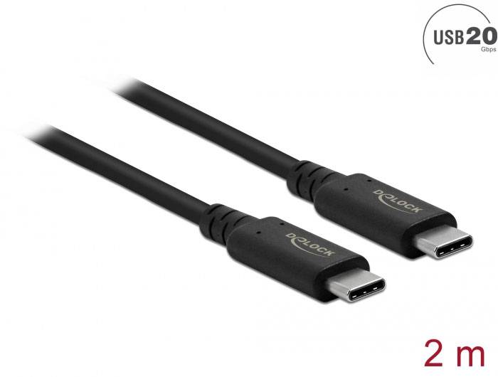 Twee zwarte USB-C-kabels met de opdruk 'Delock', lengte 2 meter, ondersteunen gegevensoverdrachten tot 20 Gbps.