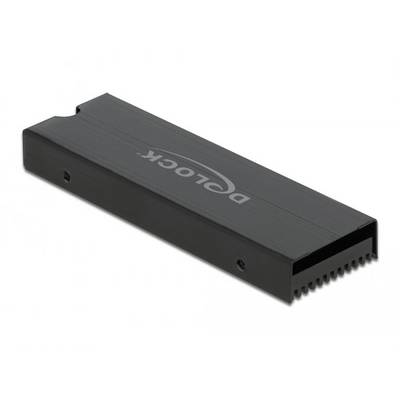 Een zwarte aluminium behuizing voor een M.2 NVMe PCIe SSD met Delock-logo, biedt bescherming en warmteafvoer voor interne opslagapparaten.