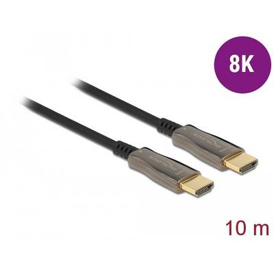 HDMI-kabel, 10 meter lang, ondersteunt 8K-resolutie. Zwart kabel met goudkleurige connectoren en opschrift '8K' in een paarse cirkel.
