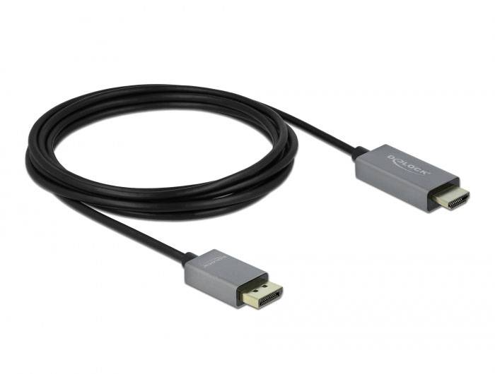 Zwart DisplayPort-naar-HDMI-kabel, ongeveer 2 meter lang, met zilveren connectoren. Gebruikt voor het aansluiten van apparaten met verschillende aansluitingen.
