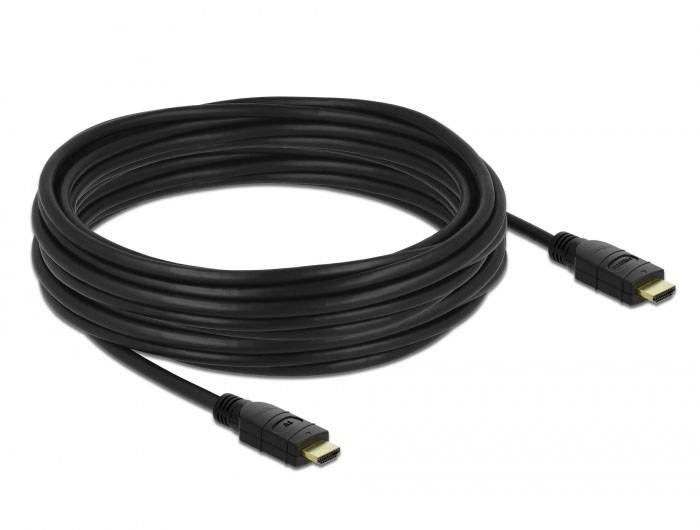 Een lang, zwart HDMI-kabel met twee aansluitingen. Het is bedoeld voor de overdracht van audio- en videosignalen tussen apparaten.