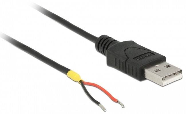 Op de afbeelding staat een USB-stekker met een open kabeluiteinde dat twee blootliggende geleiders toont.