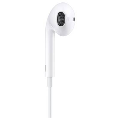 Witte bedrade in-ear-koptelefoon met een ronde, gladde vorm en geïntegreerd luidsprekerooster.