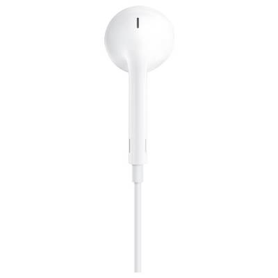 Een witte oordop met kabel en een gladde oppervlakte wordt van bovenaf close-up getoond.
