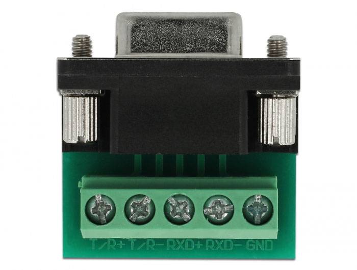 Een groene terminalblok-adapter met een zwarte behuizing en vijf schroefaansluitingen, geschikt voor seriële verbindingen.