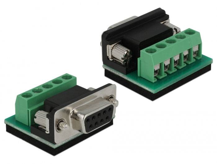 'DSUB 9 female naar schroefklemmen adapter' toont een adapter met een DSUB 9-bus en groene schroefklemmenblokkken voor bekabelingsdoeleinden.
