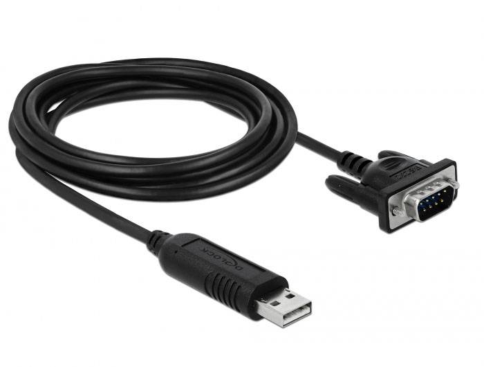 Een USB-naar-serieel adapterkabel, met een USB-stekker aan de ene kant en een seriële DB9-stekker aan de andere kant. Geschikt voor computerverbindingen.