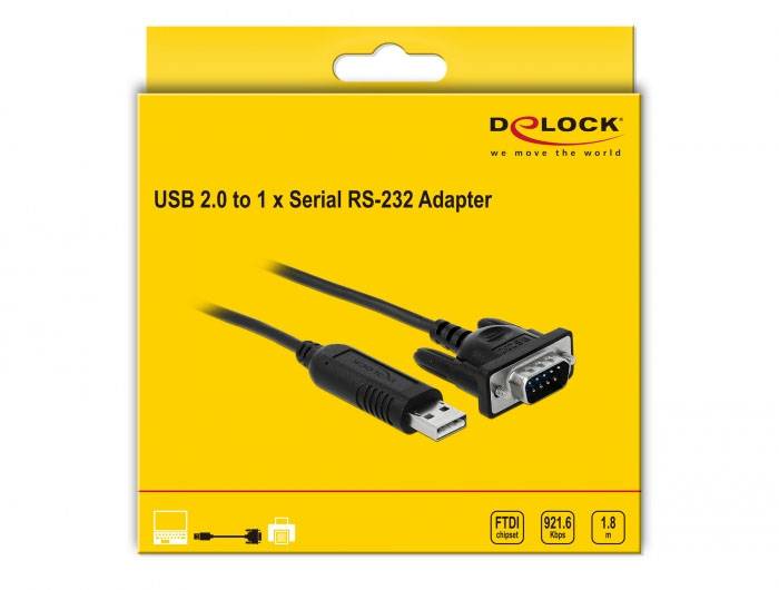 De gele doos toont een 'USB 2.0 naar 1 x Seriële RS-232 Adapter' van Delock. Daaronder symbolen: 'FTDI Chipset', '921,6 kbps' en '1,8 m'.