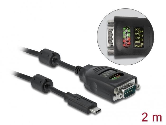'USB-C naar RS-232 Serieel Adapterkabel, 2 m lang, met LED-statusindicator. Toont verbindingen met DCD, DSR, RXD en meer.'