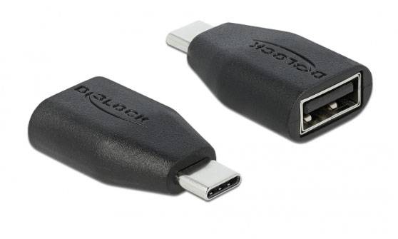 Twee USB/USB-C-adapters, rechthoekig en zwart, met opgedrukt merklogo. Adapters tonen USB-C- en USB-A-aansluitingen.