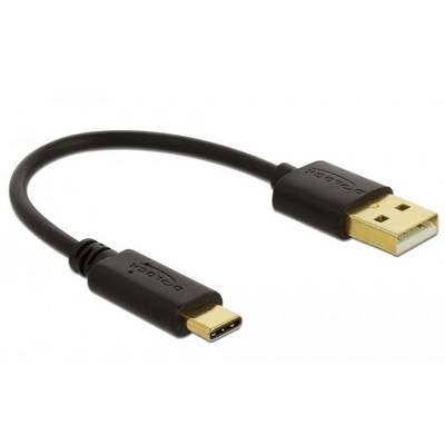 USB-kabel met zwarte connectoren: links USB-C, rechts USB-A. Kabel verbindt apparaten voor opladen of gegevensoverdracht.