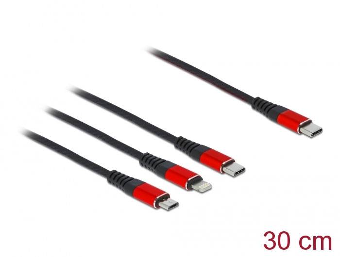 'Vier zwarte en rode USB-kabels met verschillende stekkertypen, lengte 30 cm.'
