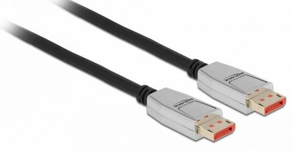 Twee zilveren DisplayPort-kabels met zwarte stekkers en oranje aansluitingen, geschikt voor audio- en videotoepassingen.
