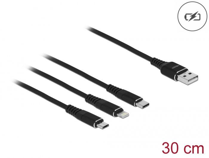 'Drievoudige USB-laadkabel met Micro-USB-, Lightning- en USB-C-aansluitingen, zwart, 30 cm lang.'
