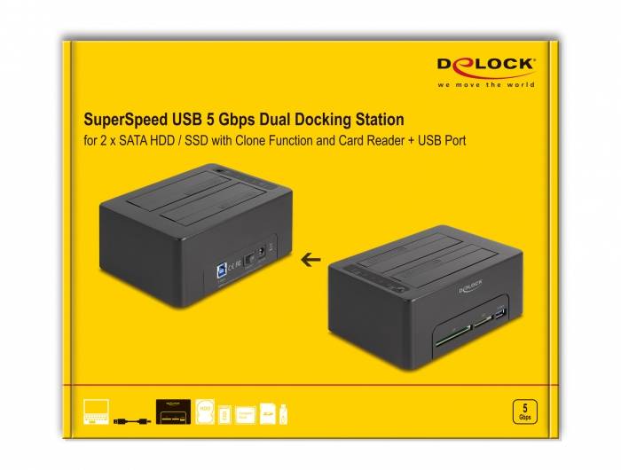 Delock 64183 SATA 6 Gb/s, SD, DC-aansluiting 3,5 mm, USB-B, USB-A Harde schijf-dockingstation Met kaartlezer-7