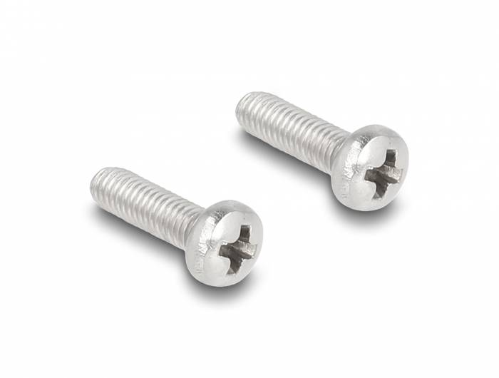 Twee zilveren kruiskopschroeven met schroefdraad op een witte achtergrond, parallel aan elkaar geplaatst.