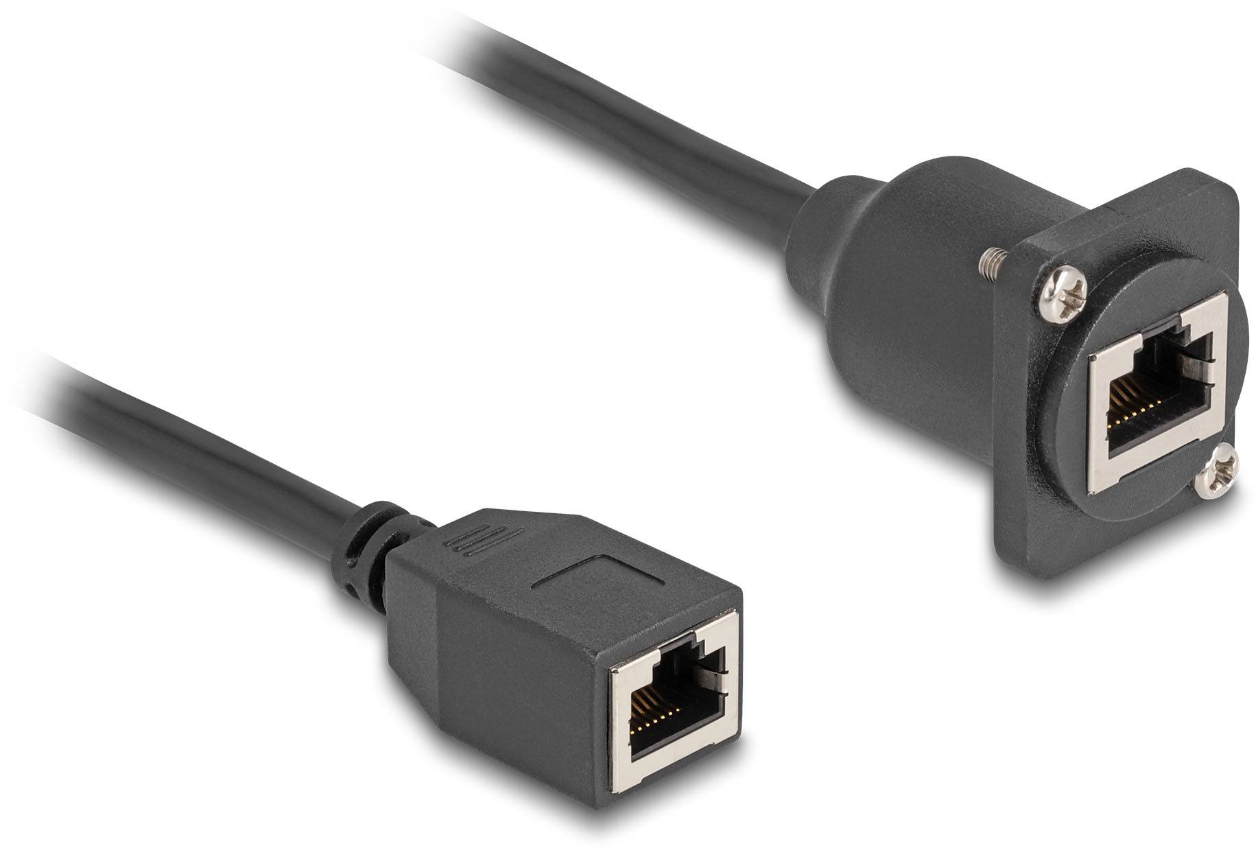 Ethernet-kabel met twee RJ45-connectoren, waarvan één geschikt voor wandmontage. Geschikt voor netwerkverbindingen.