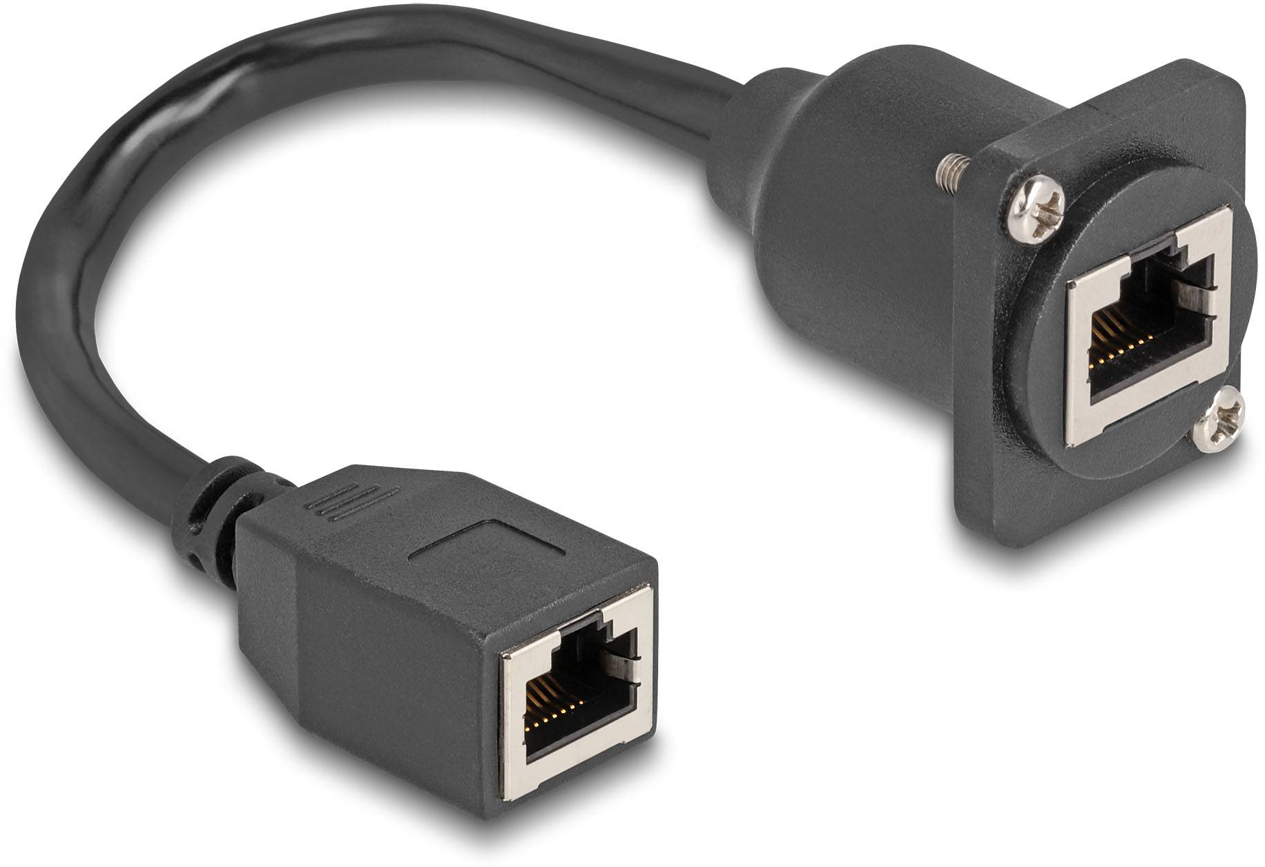 Een Ethernet-netwerkkabeladapter met twee RJ45-aansluitingen, één voor inbouw in een apparaat en één voor aansluiting met een kabel.